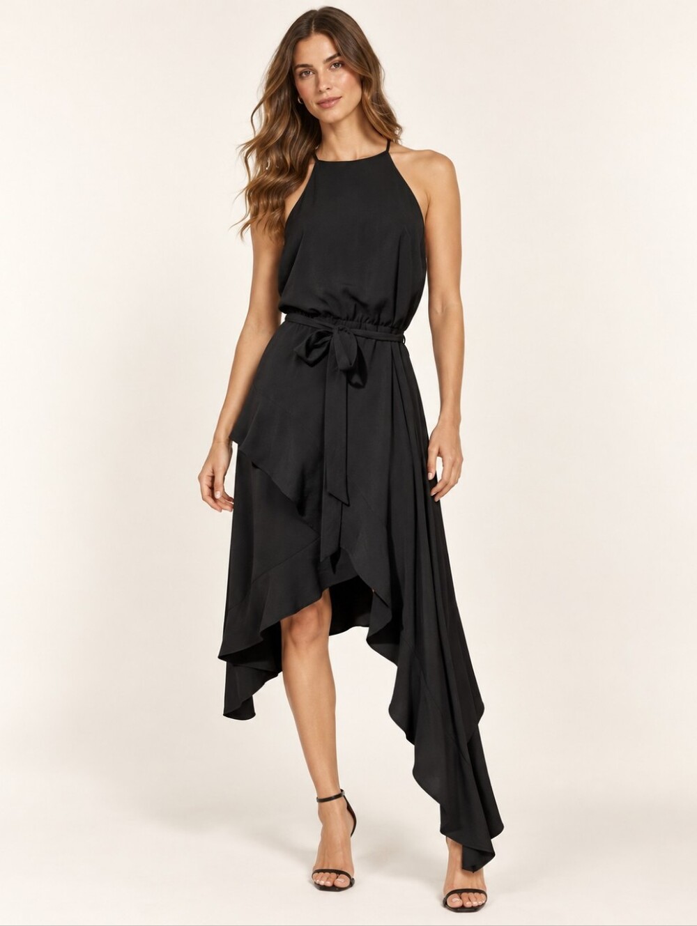 Gianni Bini Black Halter High Low Ruffle Midi Dress Large Cocktail Wedding Guest